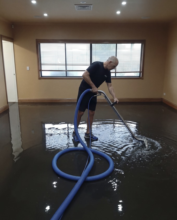 Burst Pipe damage - Technician doingwater extraction